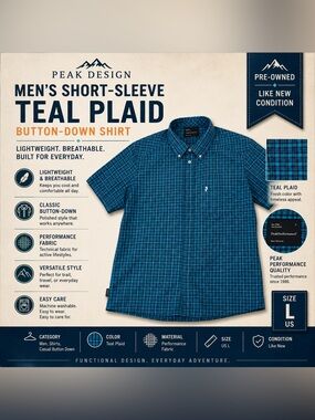 Men's Short-Sleeve Teal Plaid Button-Down Shirt - PeakPerformance